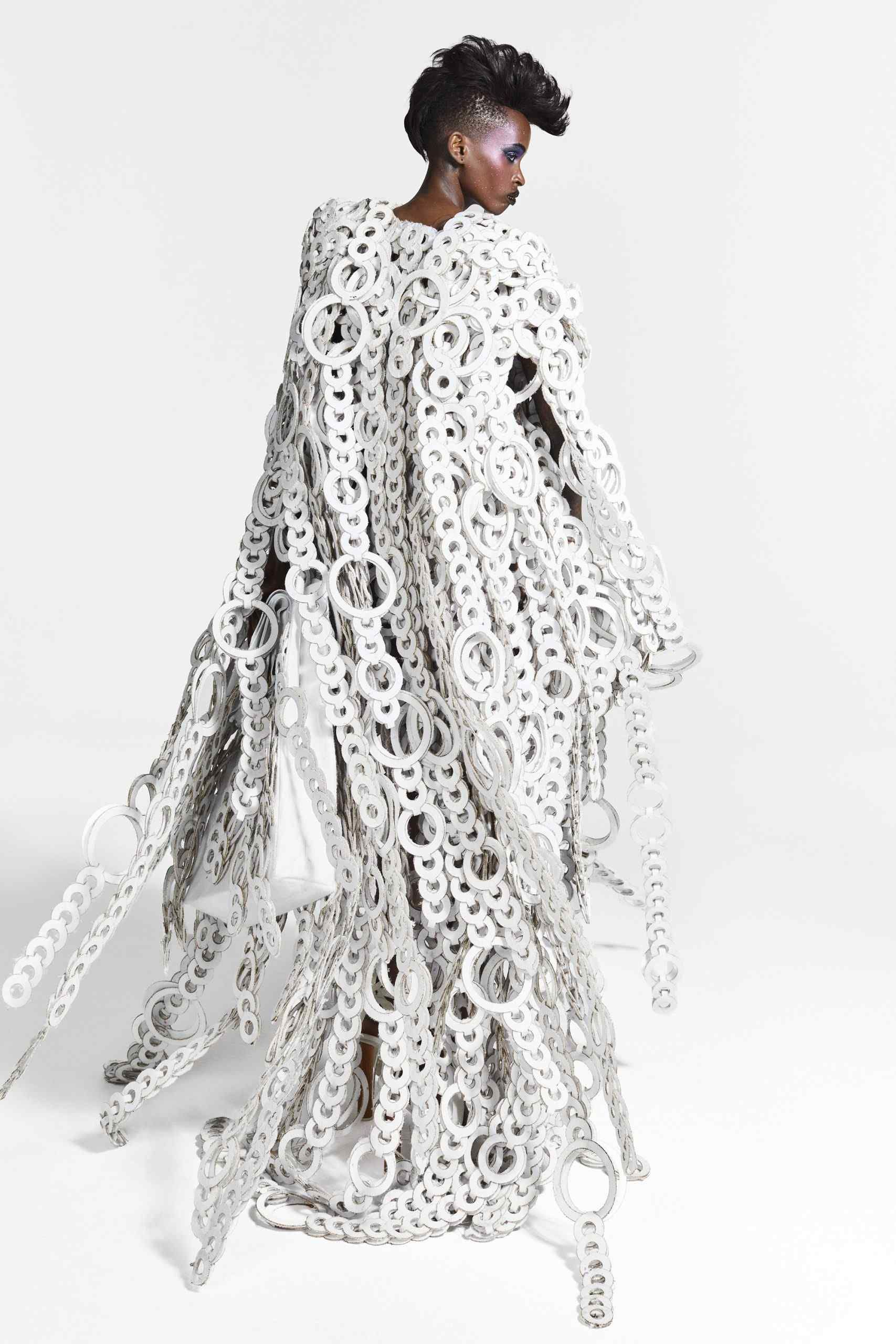 Ronald van der Kemp, Overcoat, The Mind Vaccine collection, Fall 2021 (Look 34), felt made from textile trash, Courtesy of RVDK Ronald van der Kemp, Photo: Marijke Aerden